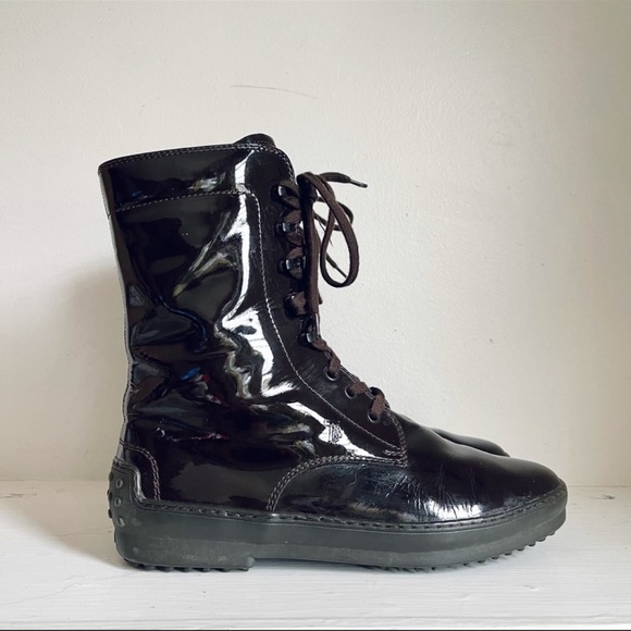 Tod's Shoes - Tods Patent Leather Lace Up Combat Boot In Dark Chocolate Brown Size 41